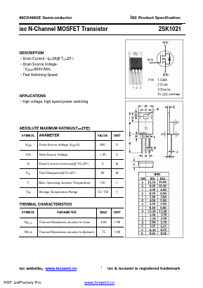 K1021 Datasheet PDF Inchange Semiconductor