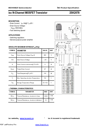 K2078 Datasheet PDF Inchange Semiconductor