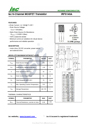 IRFS140A Datasheet PDF Inchange Semiconductor