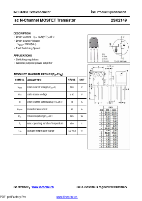 K2149 Datasheet PDF Inchange Semiconductor