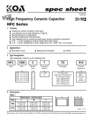 HFC1005VTR50 Datasheet PDF KOA Speer Electronics, Inc.