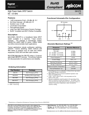 SW-276T1 Datasheet PDF Tyco Electronics