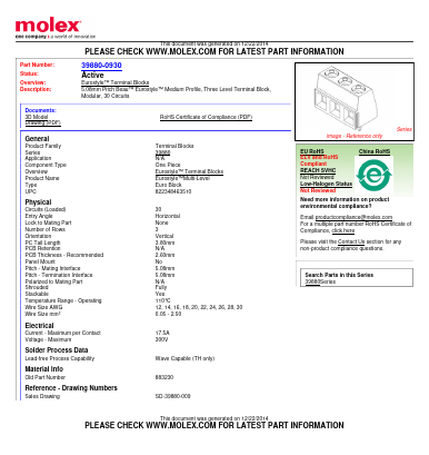 39880-0930 Datasheet PDF Molex Connectors