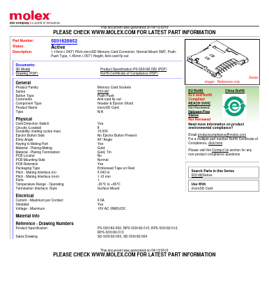 5031820852 Datasheet PDF Molex Connectors