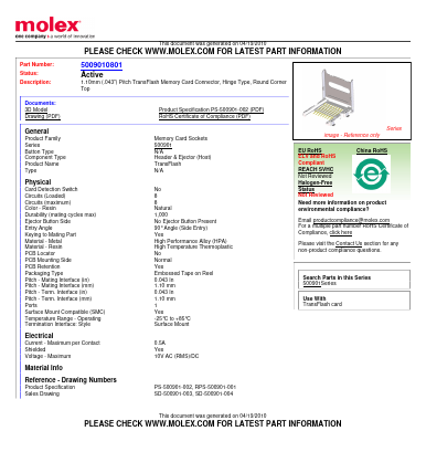5009010801 Datasheet PDF Molex Connectors