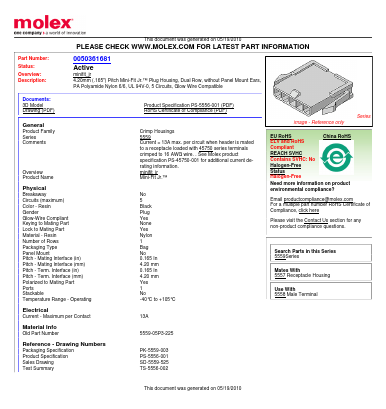 0050361681 Datasheet PDF Molex Connectors