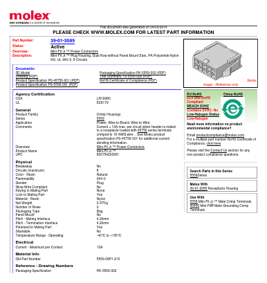 39-01-3089 Datasheet PDF Molex Connectors