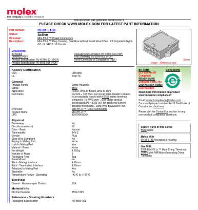 39-01-3183 Datasheet PDF Molex Connectors