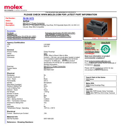 0050361672 Datasheet PDF Molex Connectors