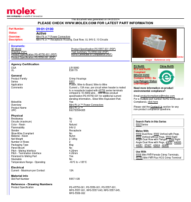 0039012100 Datasheet PDF Molex Connectors