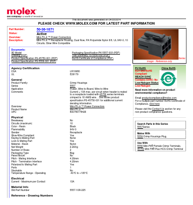 0050361671 Datasheet PDF Molex Connectors