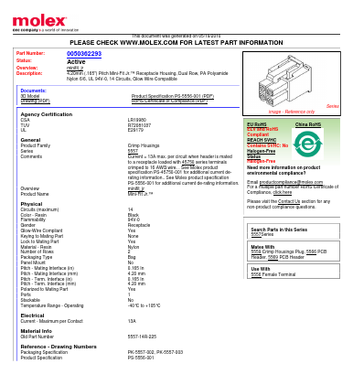 0050362293 Datasheet PDF Molex Connectors