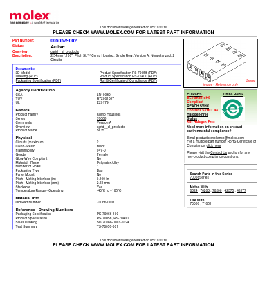 0050579002 Datasheet PDF Molex Connectors