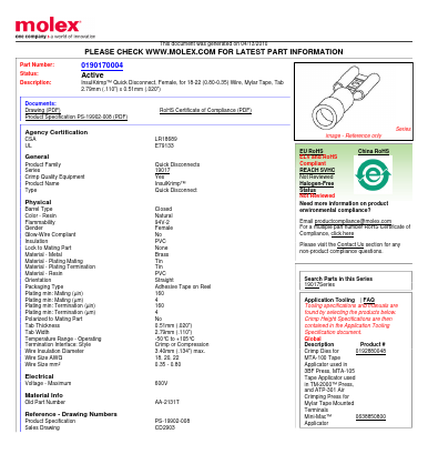 0190170004 Datasheet PDF Molex Connectors