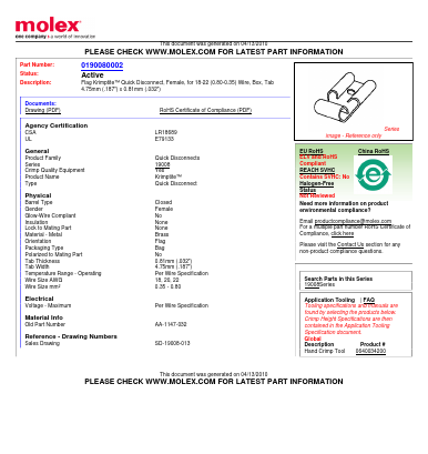 0190080002 Datasheet PDF Molex Connectors