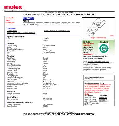 0190170008 Datasheet PDF Molex Connectors