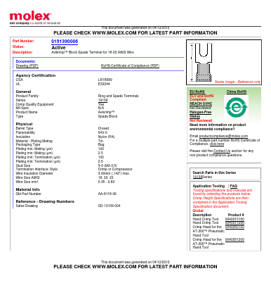 0191390006 Datasheet PDF Molex Connectors
