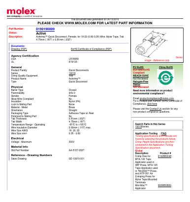 0190190009 Datasheet PDF Molex Connectors