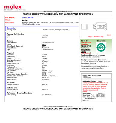 0190120029 Datasheet PDF Molex Connectors