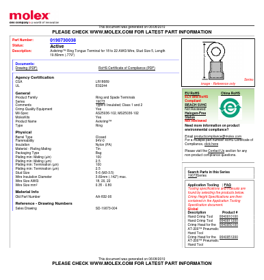 0190730038 Datasheet PDF Molex Connectors