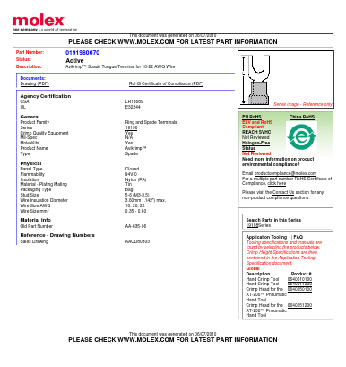 0191980070 Datasheet PDF Molex Connectors