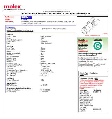 0190170003 Datasheet PDF Molex Connectors