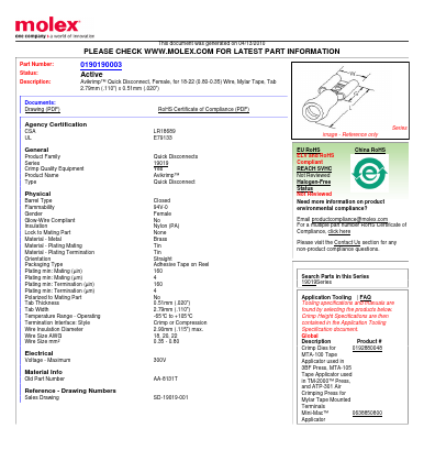 0190190003 Datasheet PDF Molex Connectors