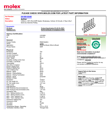 0416610046 Datasheet PDF Molex Connectors