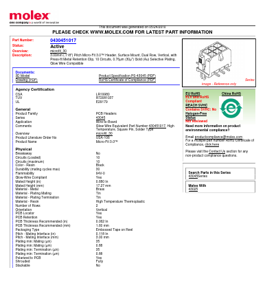 0430451017 Datasheet PDF Molex Connectors