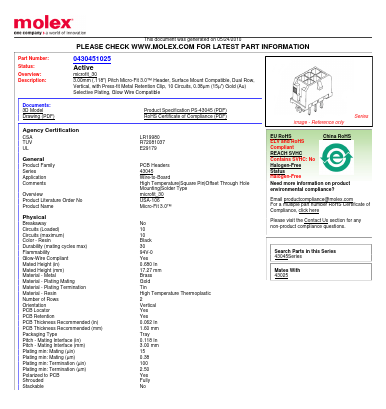 0430451025 Datasheet PDF Molex Connectors