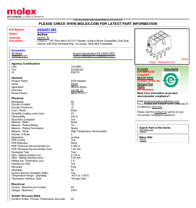 0430451283 Datasheet PDF Molex Connectors