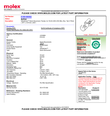 0190180002 Datasheet PDF Molex Connectors