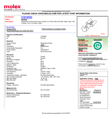 0190180003 Datasheet PDF Molex Connectors