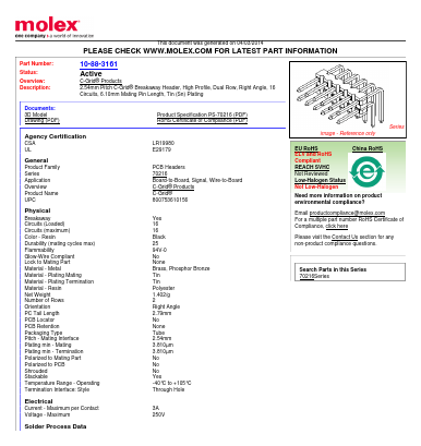 0010883161 Datasheet PDF Molex Connectors