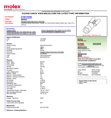 0190170008 Datasheet PDF Molex Connectors