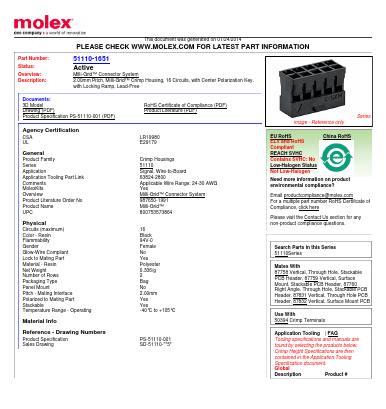 0511101651 Datasheet PDF Molex Connectors