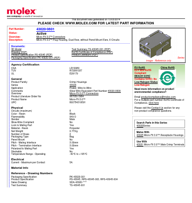 0430200601 Datasheet PDF Molex Connectors