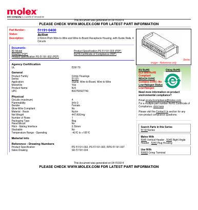 51191-0400 Datasheet PDF Molex Connectors