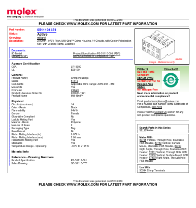51110-1451 Datasheet PDF Molex Connectors