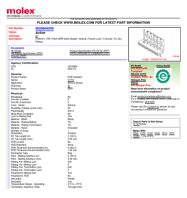 0026604050 Datasheet PDF Molex Connectors