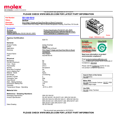 5011895010 Datasheet PDF Molex Connectors