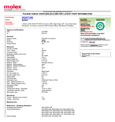 0522071660 Datasheet PDF Molex Connectors