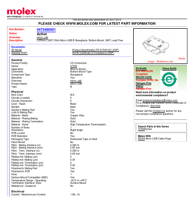 47346-0001 Datasheet PDF Molex Connectors