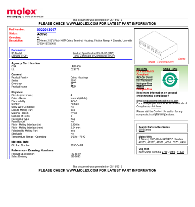 22-01-3047 Datasheet PDF Molex Connectors
