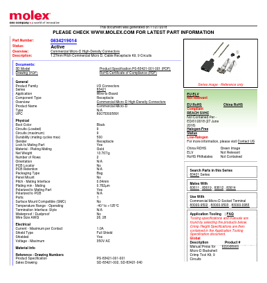 0834219014 Datasheet PDF Molex Connectors