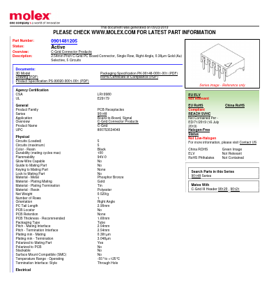 0901481205 Datasheet PDF Molex Connectors