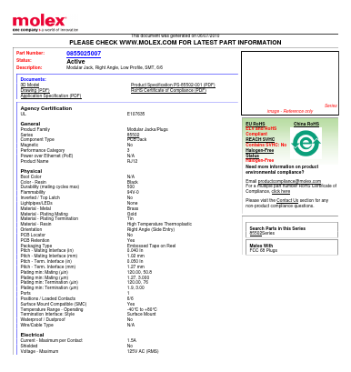 0855025007 Datasheet PDF Molex Connectors