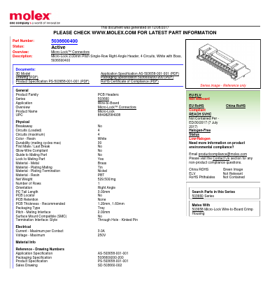 503660-0400 Datasheet PDF Molex Connectors