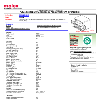 68145-1615 Datasheet PDF Molex Connectors