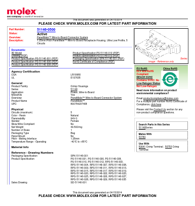 51146-0500 Datasheet PDF Molex Connectors